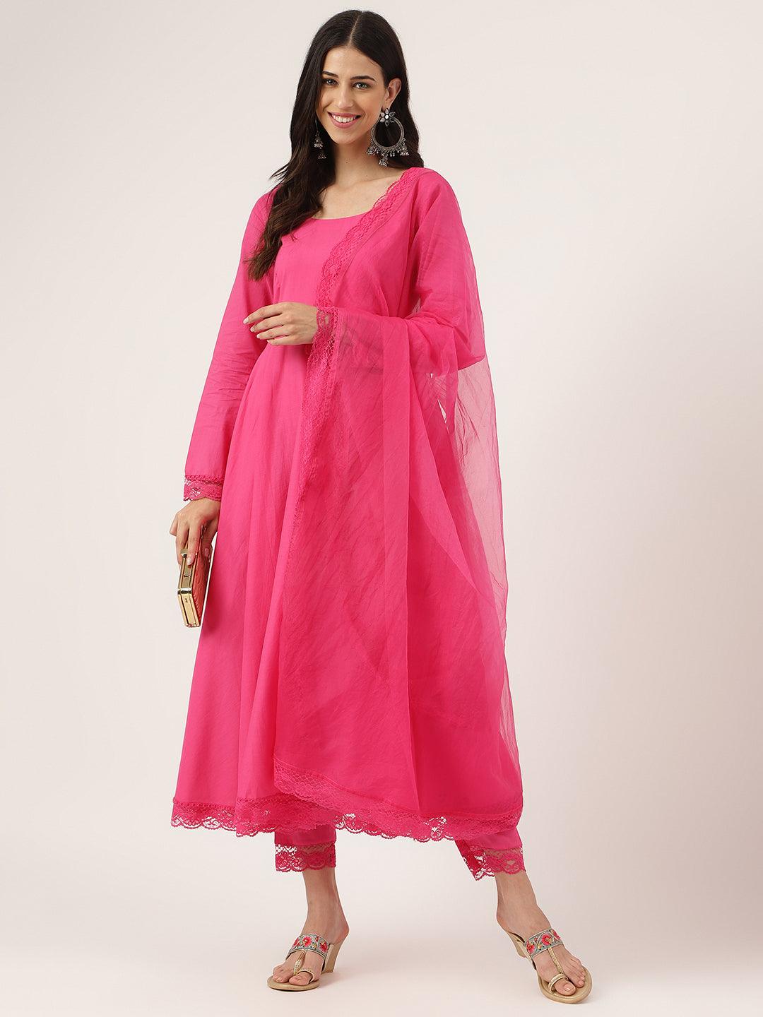  Pink Solid Anarkali Kurta Pant set with Dupatta -  world