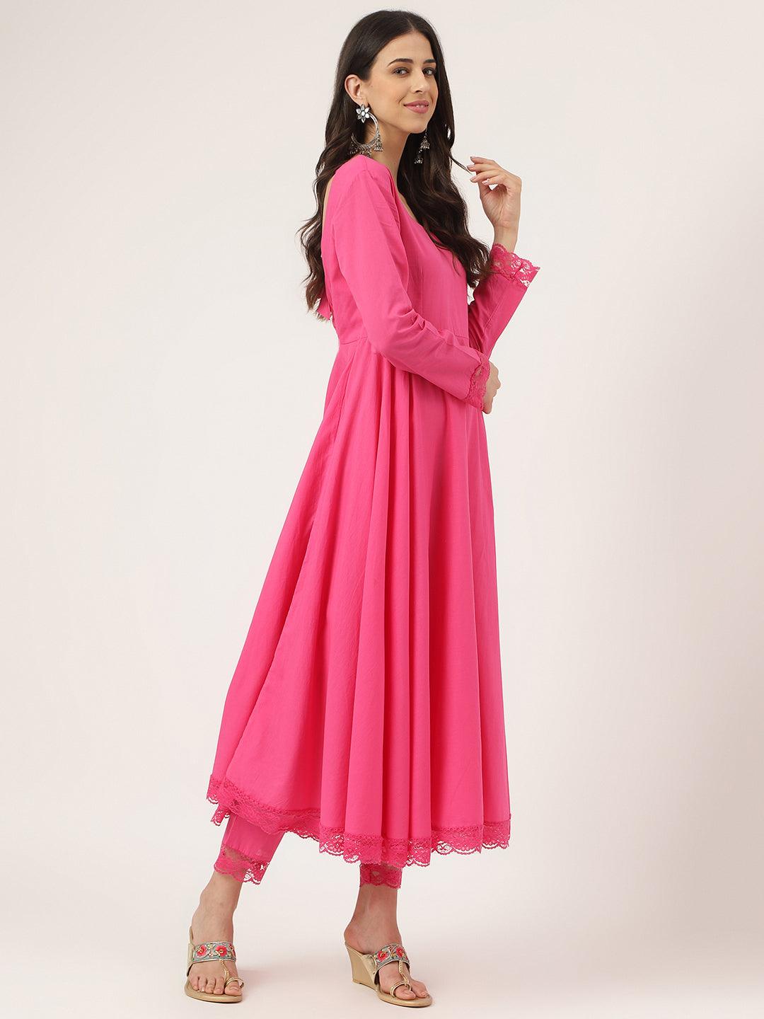  Pink Solid Anarkali Kurta Pant set with Dupatta -  world