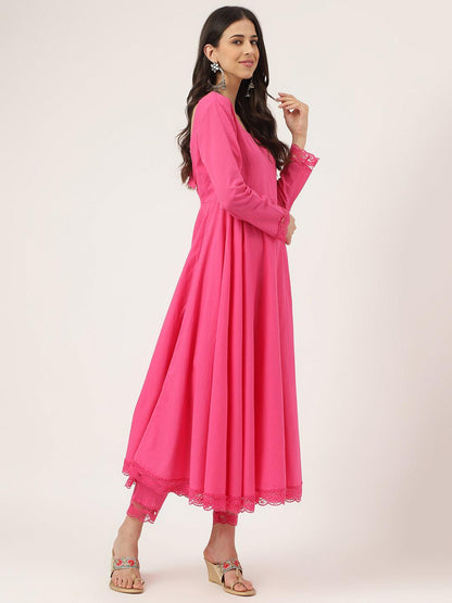  Pink Solid Anarkali Kurta Pant set with Dupatta -  world