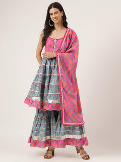 Turquoise Blue Cotton Sleeves less Anarkali Sharara set with Dupatta