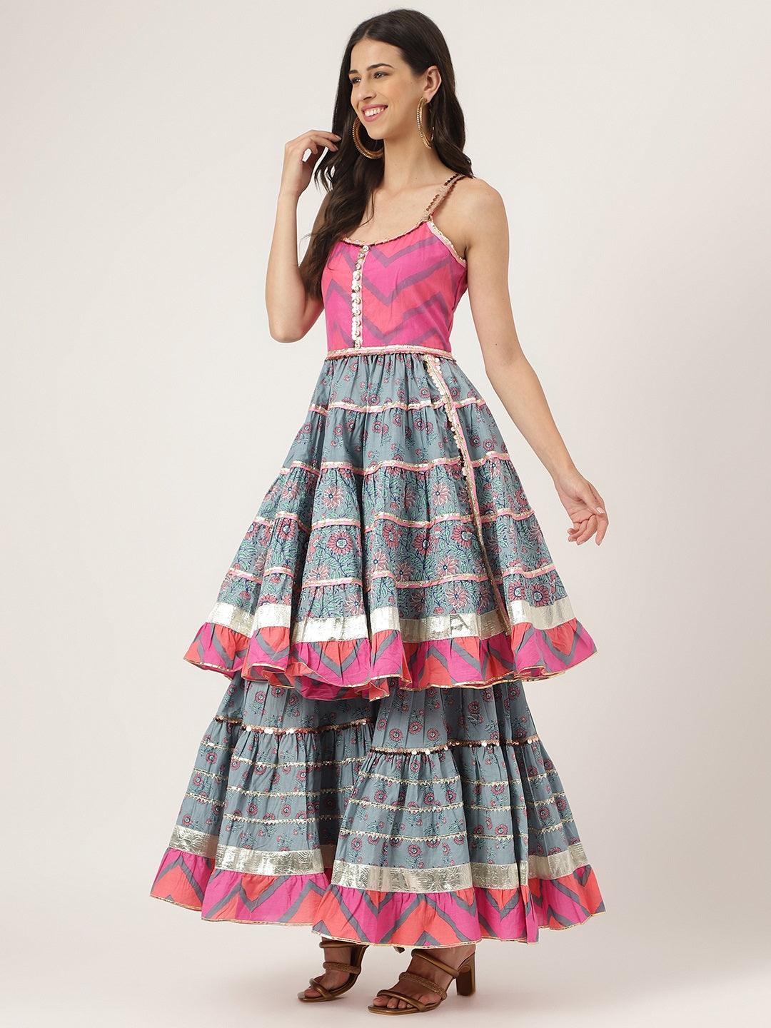  Turquoise Blue Cotton Sleeves less Anarkali Sharara set with Dupatta -  world