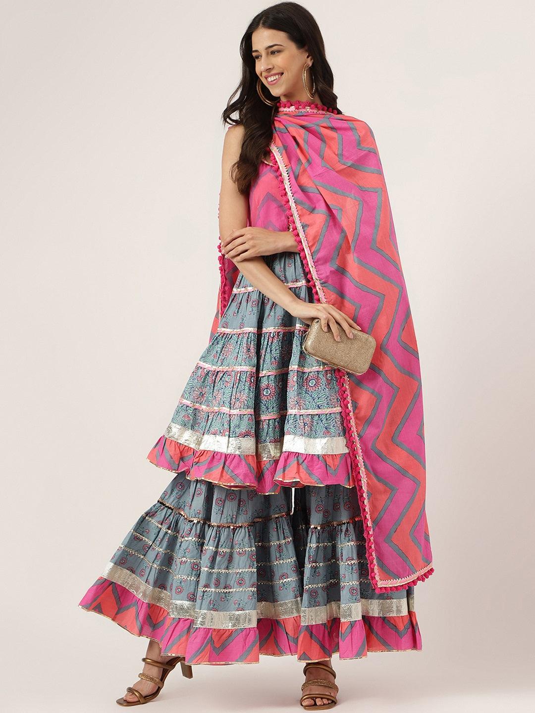  Turquoise Blue Cotton Sleeves less Anarkali Sharara set with Dupatta -  world