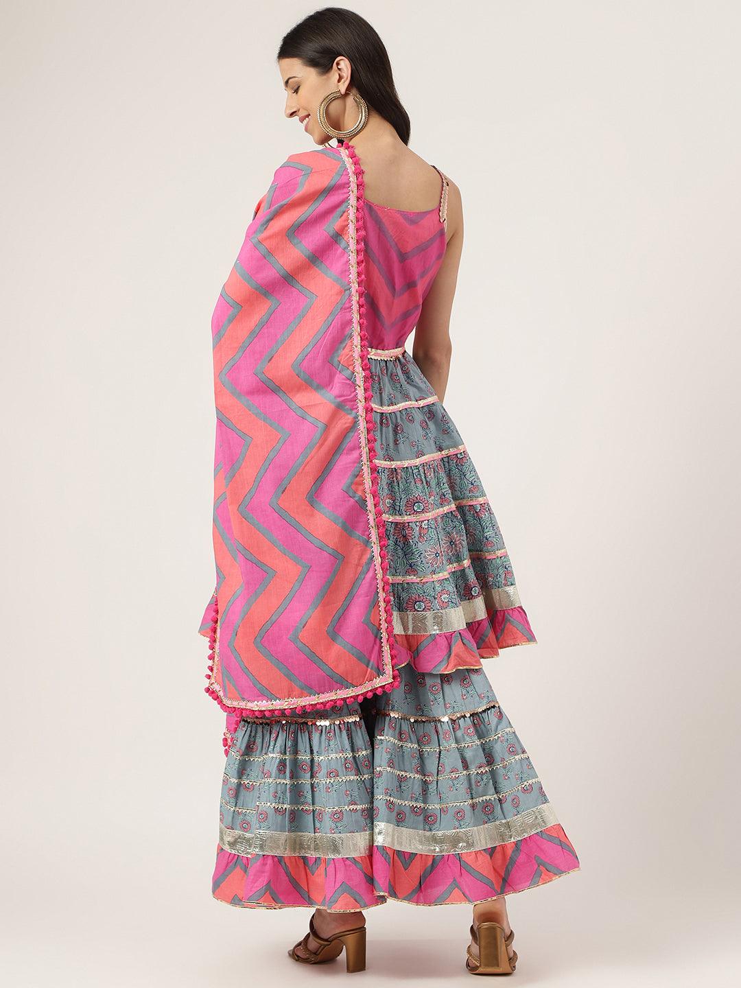  Turquoise Blue Cotton Sleeves less Anarkali Sharara set with Dupatta -  world