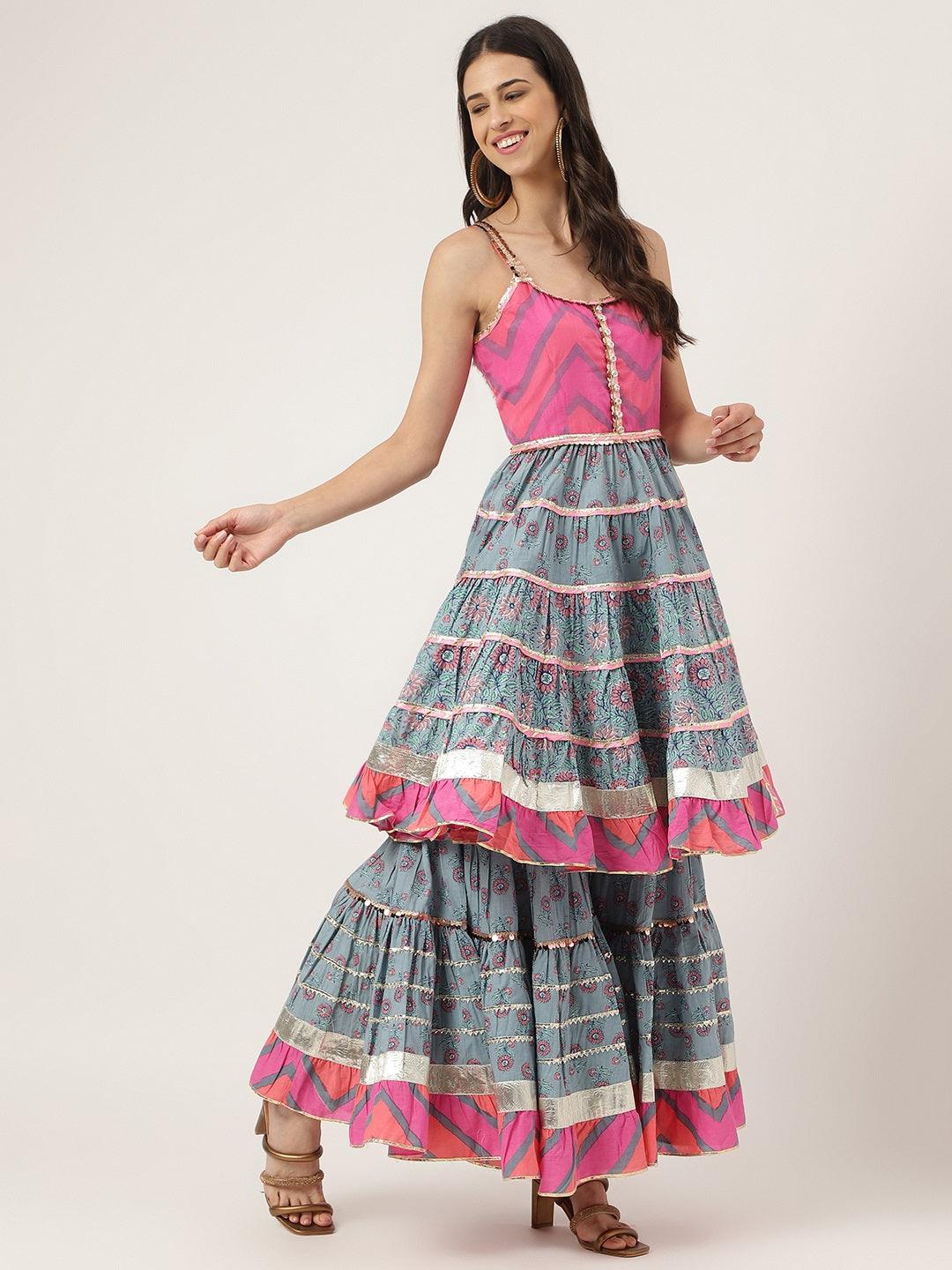  Turquoise Blue Cotton Sleeves less Anarkali Sharara set with Dupatta -  world