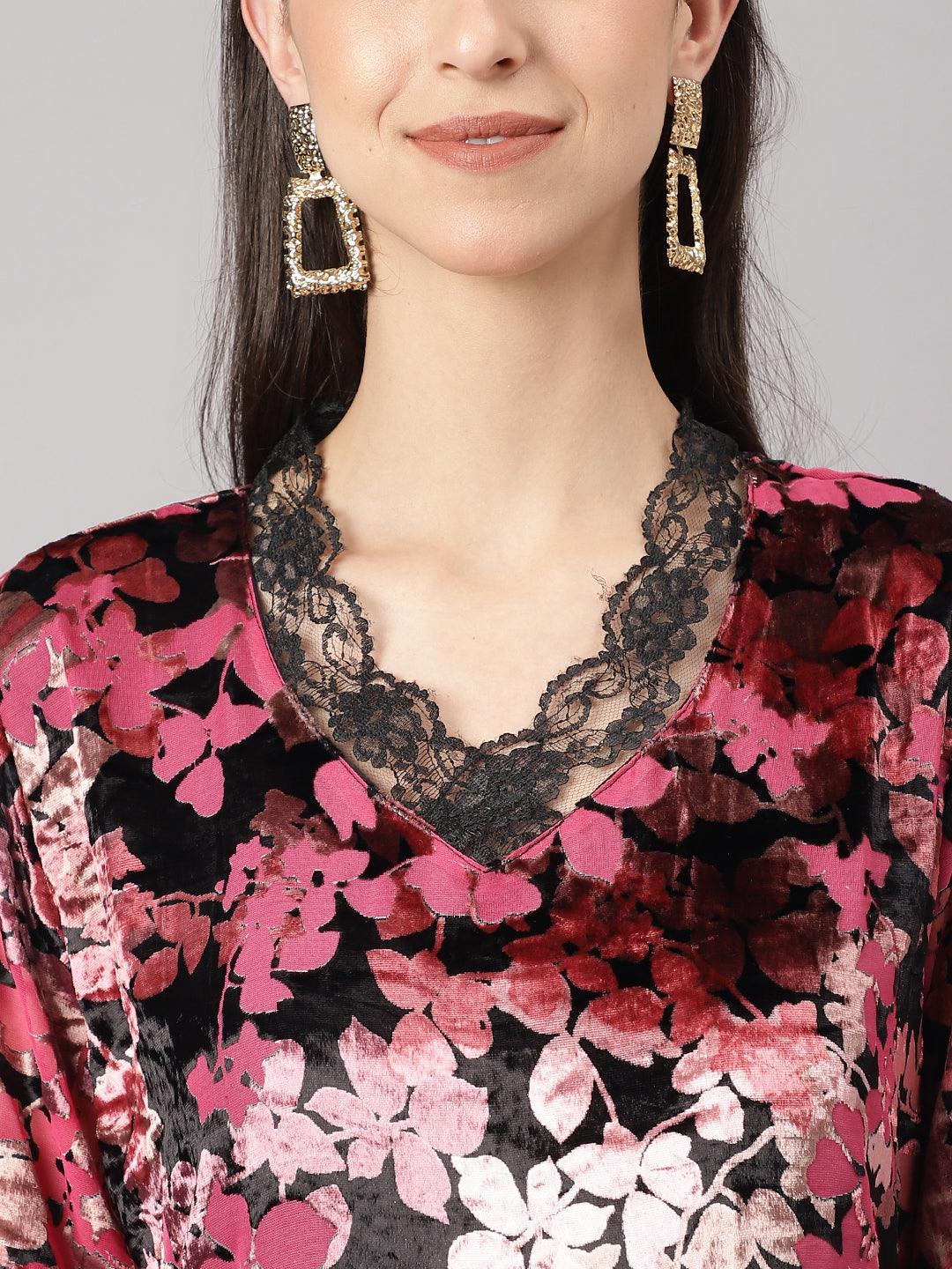  Pink Burn out Velvet Kurta Harem Pant with Organza Dupatta -  world