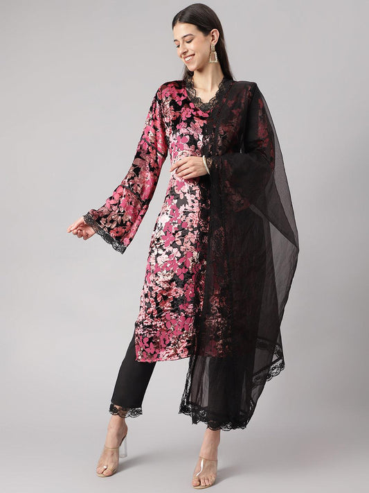  Pink Burn out Velvet Kurta Harem Pant with Organza Dupatta -  world
