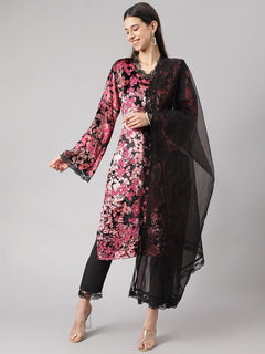 Pink Burn out Velvet Kurta Harem Pant with Organza Dupatta