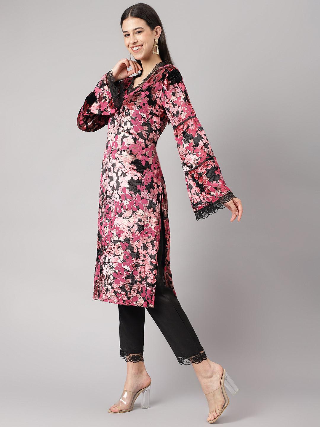  Pink Burn out Velvet Kurta Harem Pant with Organza Dupatta -  world