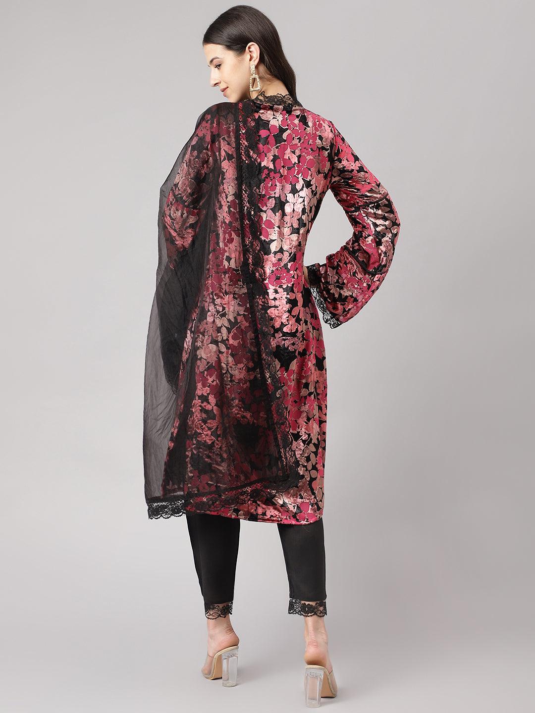 Pink Burn out Velvet Kurta Harem Pant with Organza Dupatta -  world
