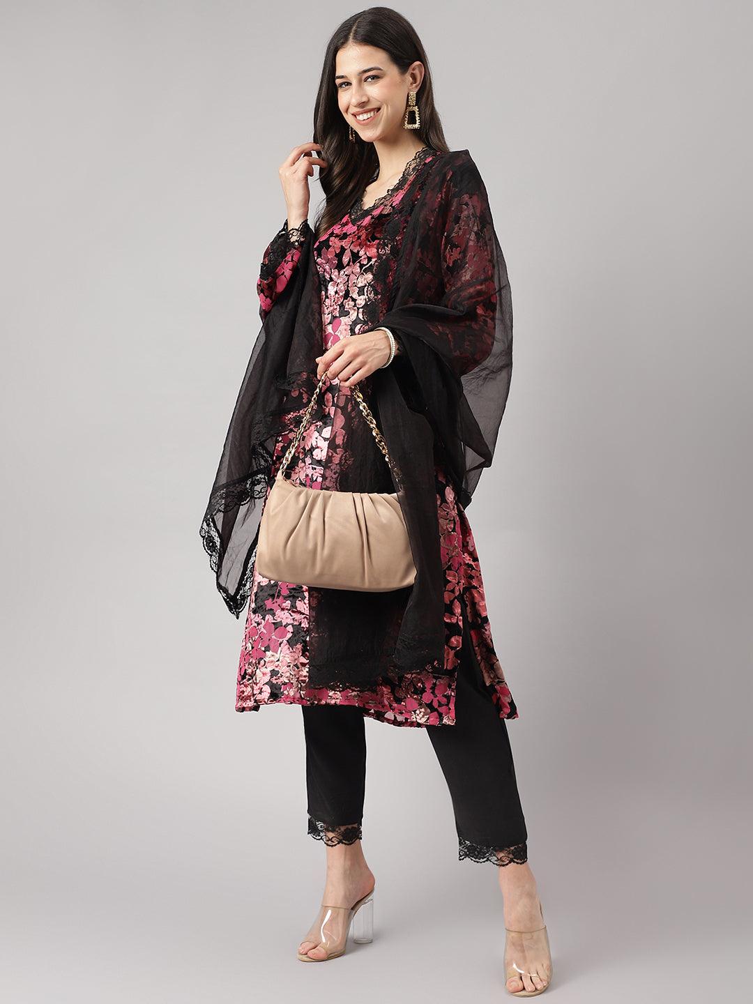  Pink Burn out Velvet Kurta Harem Pant with Organza Dupatta -  world