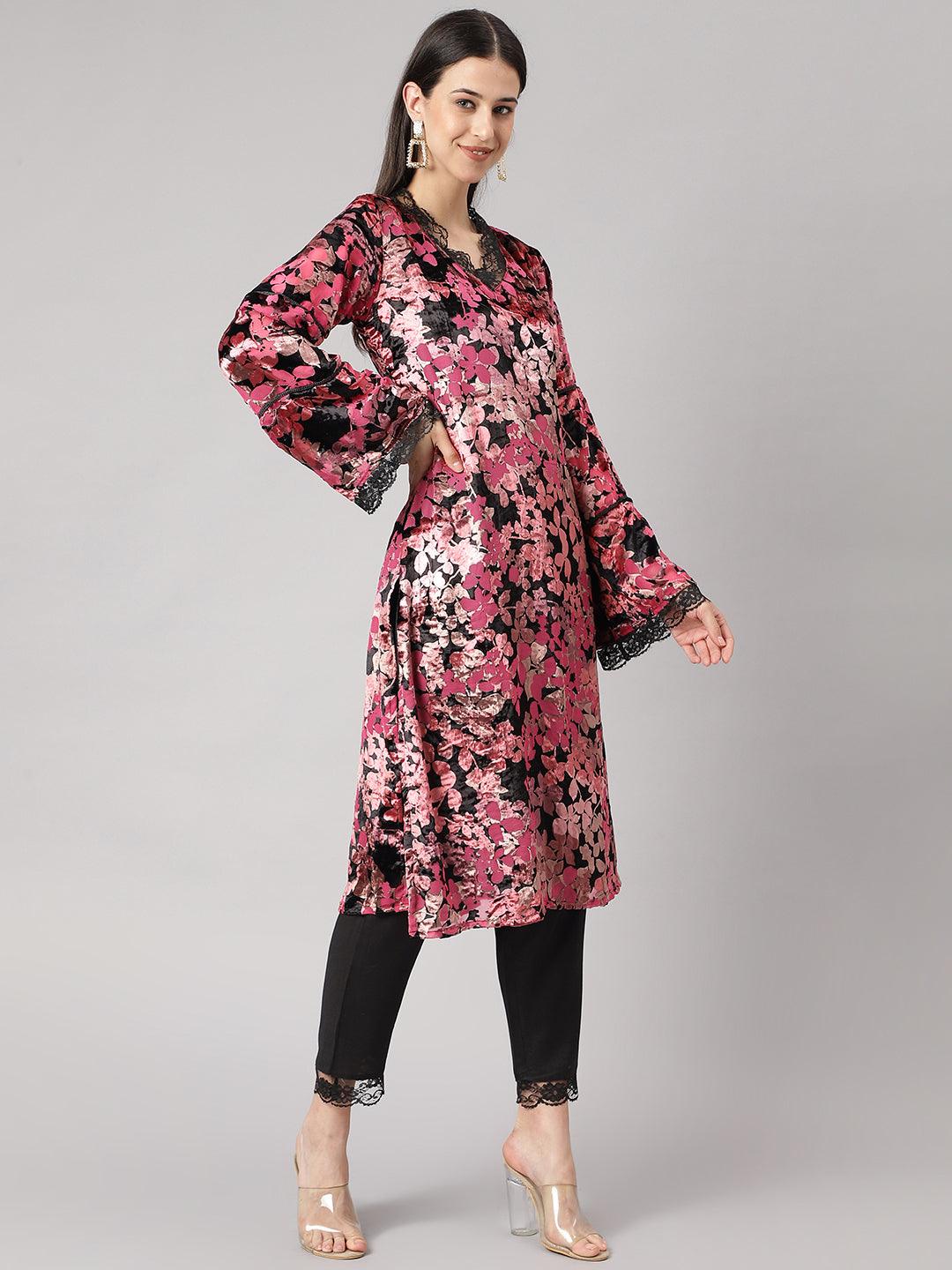  Pink Burn out Velvet Kurta Harem Pant with Organza Dupatta -  world