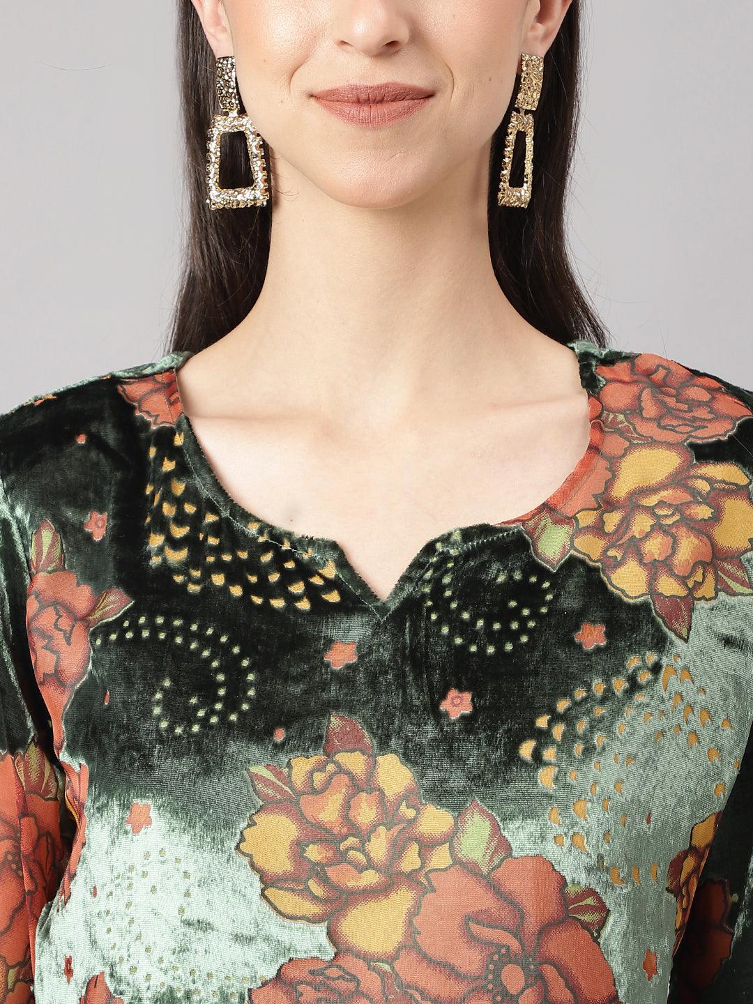  Green Burn out Velvet Kurta Harem Pant with Organza Dupatta -  world