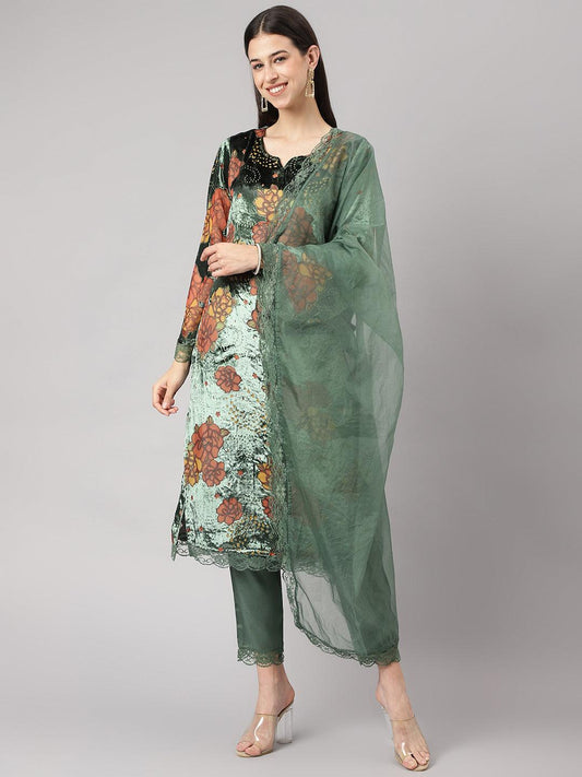  Green Burn out Velvet Kurta Harem Pant with Organza Dupatta -  world
