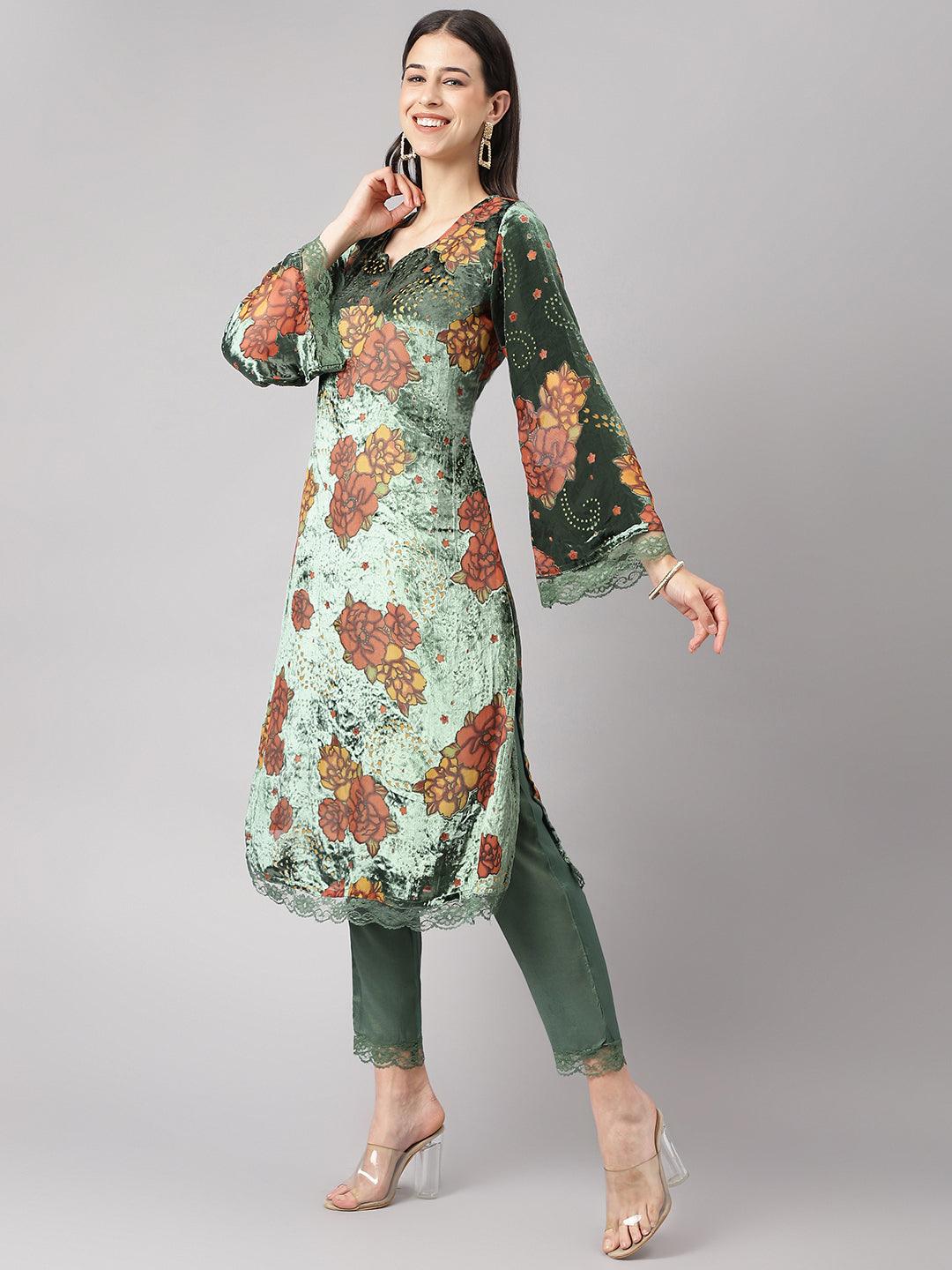  Green Burn out Velvet Kurta Harem Pant with Organza Dupatta -  world