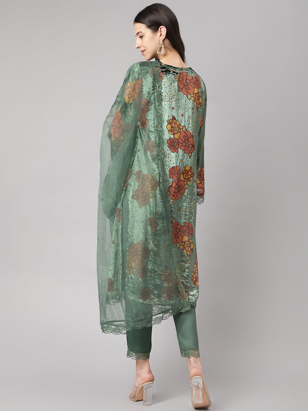  Green Burn out Velvet Kurta Harem Pant with Organza Dupatta -  world