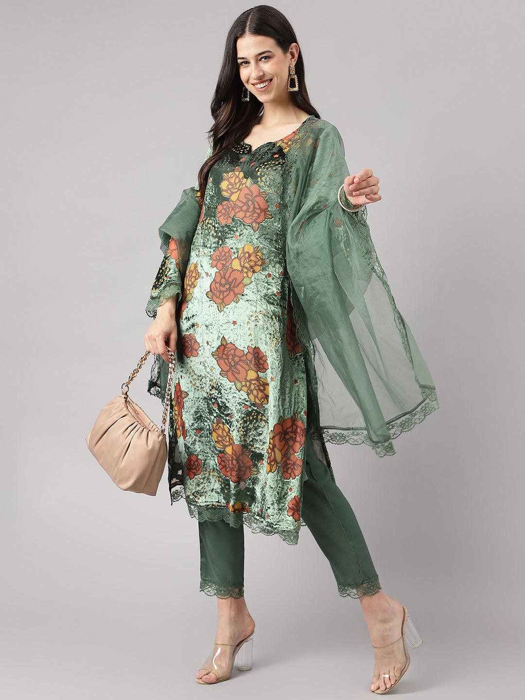  Green Burn out Velvet Kurta Harem Pant with Organza Dupatta -  world