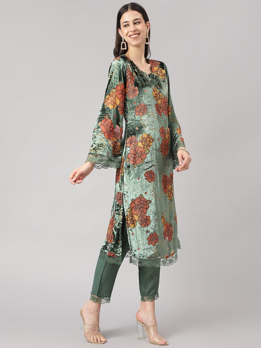  Green Burn out Velvet Kurta Harem Pant with Organza Dupatta -  world