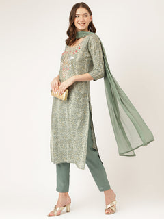 Green Floral Print Chanderi Kurta, Trouser With Dupatta