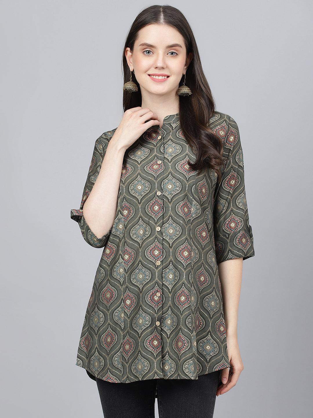 Gray Motif Printed Modal A-Line Shirts Style Top -  world