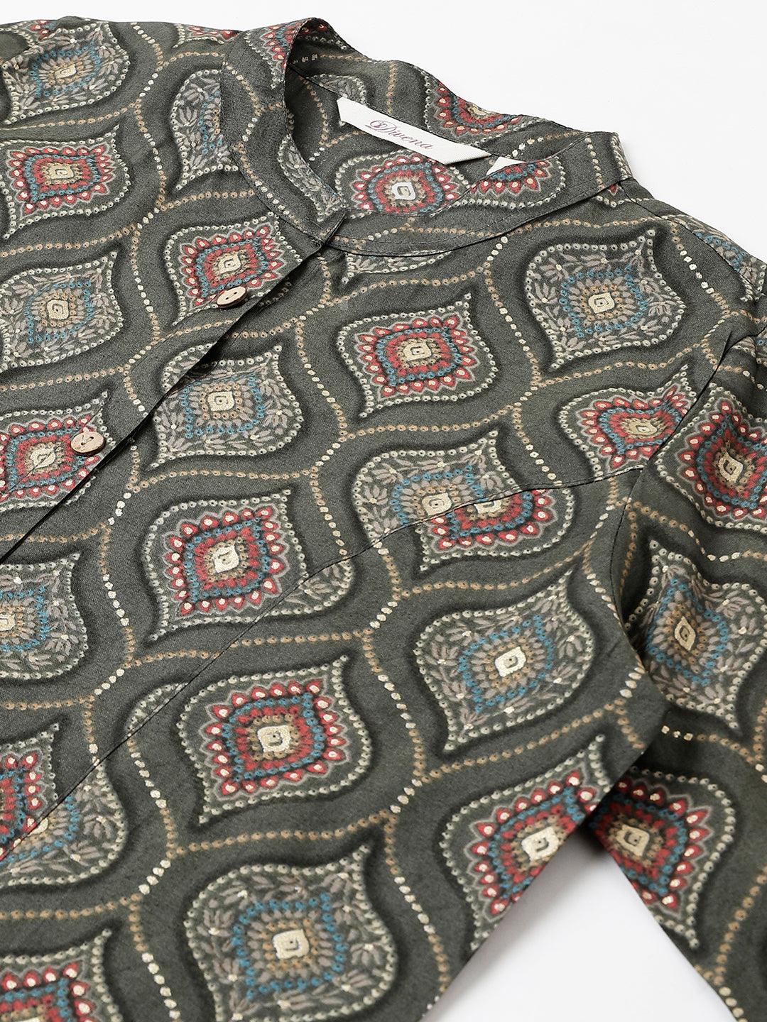  Gray Motif Printed Modal A-Line Shirts Style Top -  world