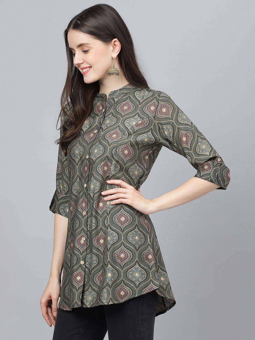  Gray Motif Printed Modal A-Line Shirts Style Top -  world