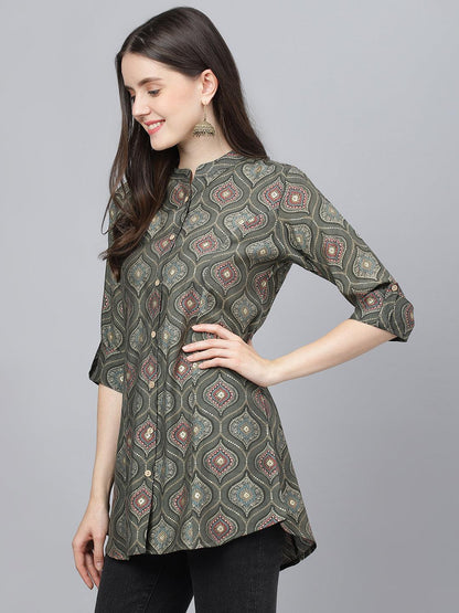  Gray Motif Printed Modal A-Line Shirts Style Top -  world