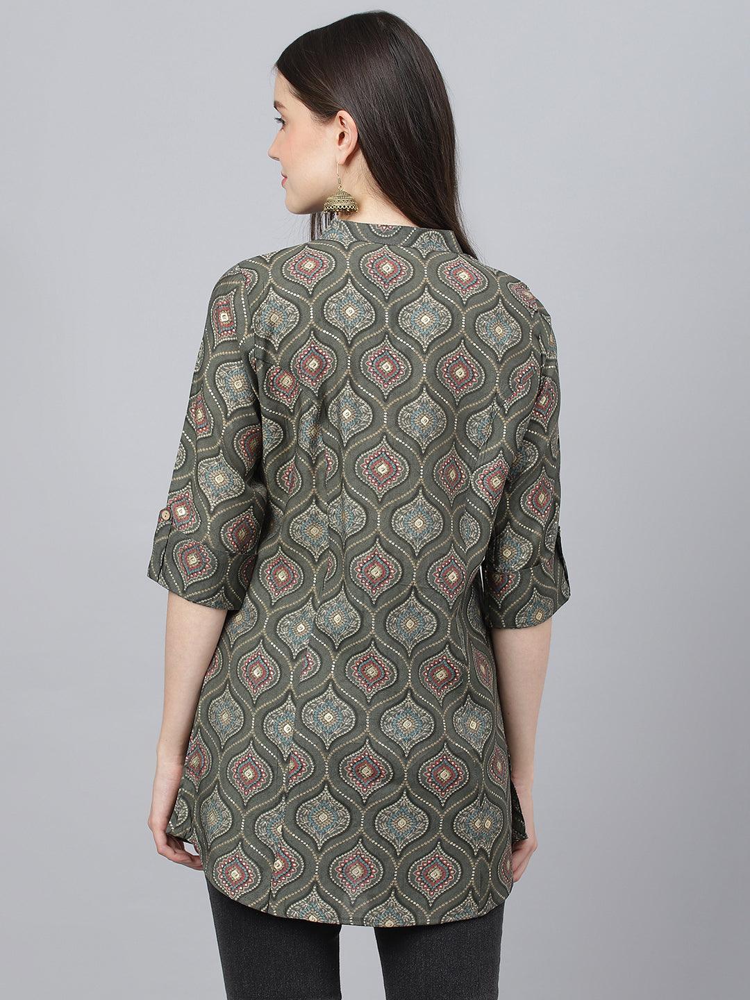  Gray Motif Printed Modal A-Line Shirts Style Top -  world