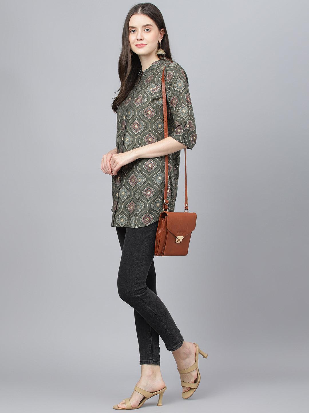  Gray Motif Printed Modal A-Line Shirts Style Top -  world