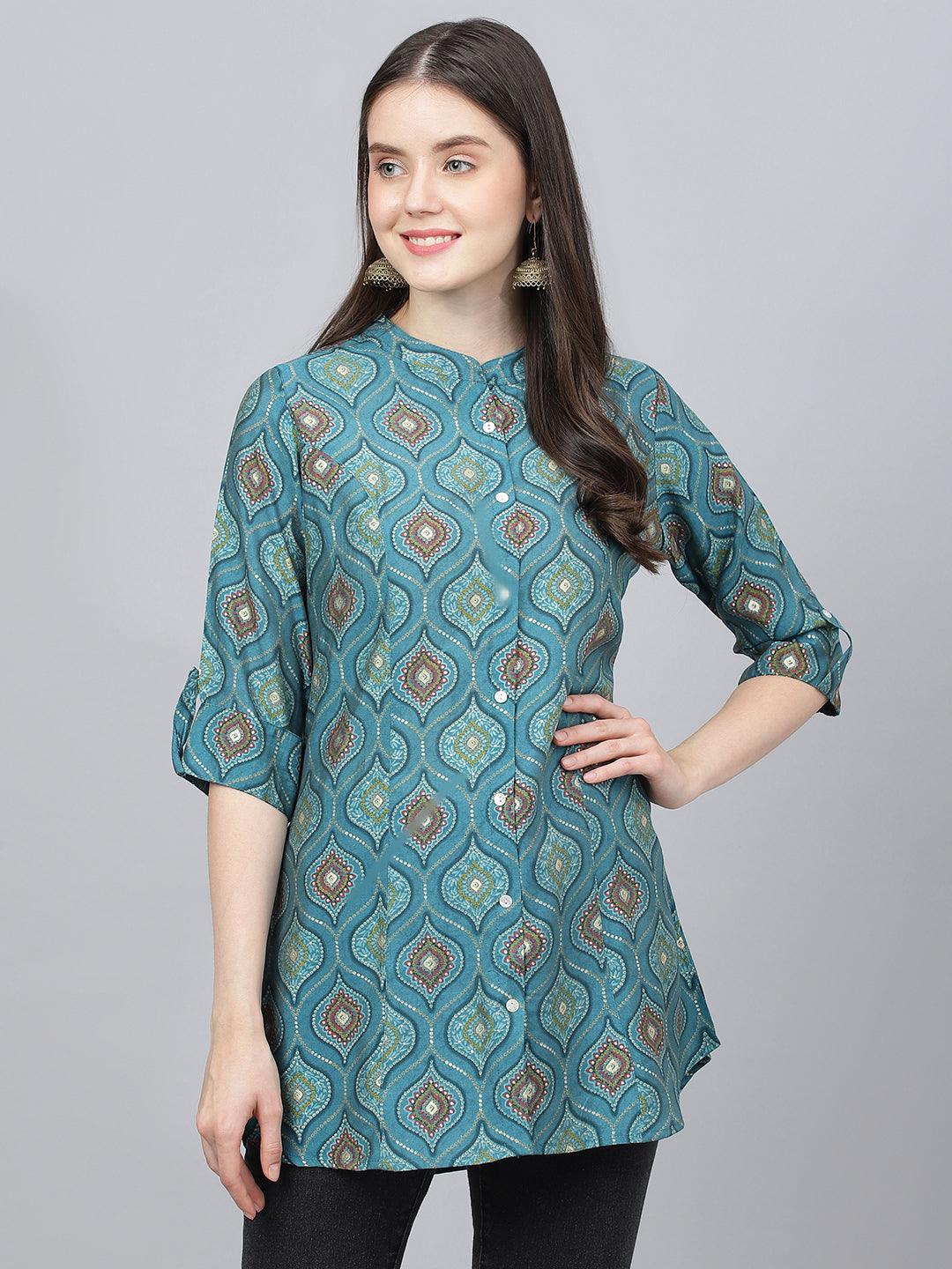  Teal Blue Motif Printed Modal A-Line Shirts Style Top -  world