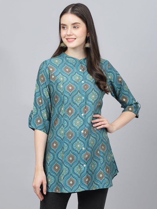  Teal Blue Motif Printed Modal A-Line Shirts Style Top -  world
