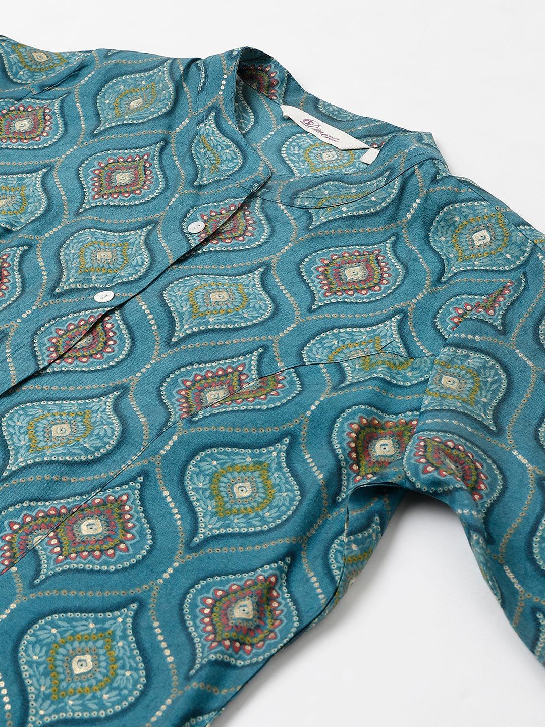  Teal Blue Motif Printed Modal A-Line Shirts Style Top -  world
