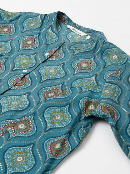  Teal Blue Motif Printed Modal A-Line Shirts Style Top -  world