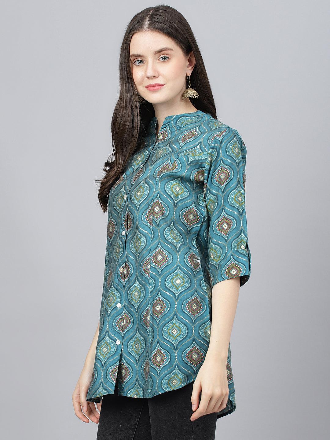 Teal Blue Motif Printed Modal A-Line Shirts Style Top -  world
