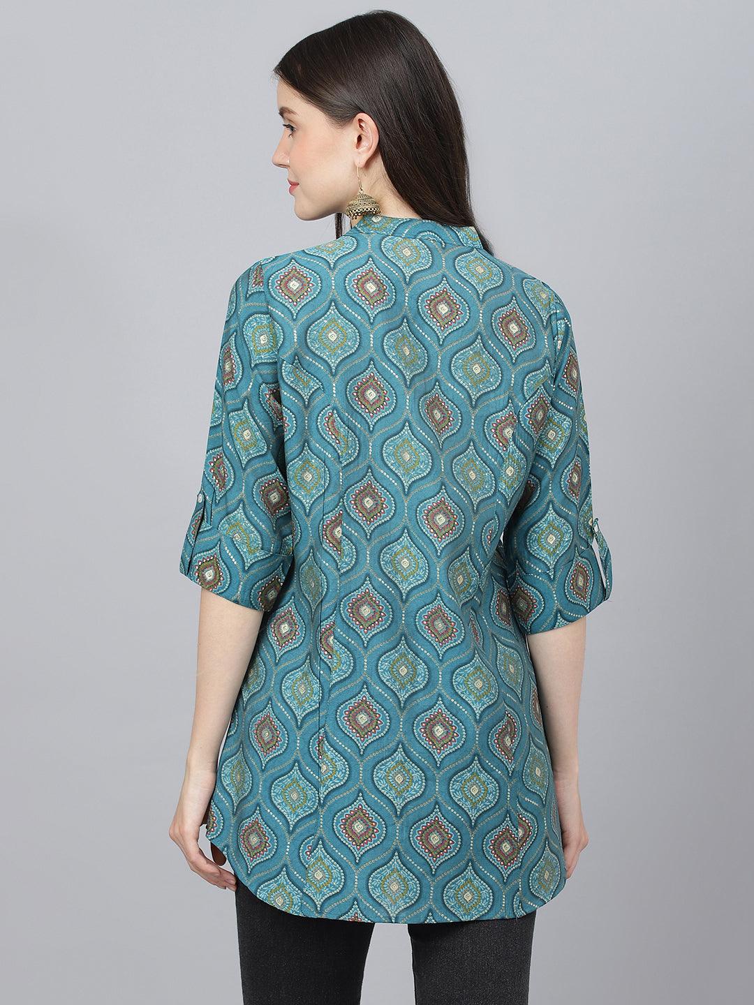  Teal Blue Motif Printed Modal A-Line Shirts Style Top -  world