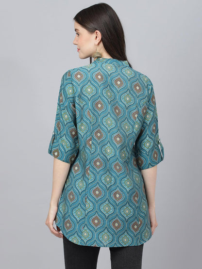  Teal Blue Motif Printed Modal A-Line Shirts Style Top -  world
