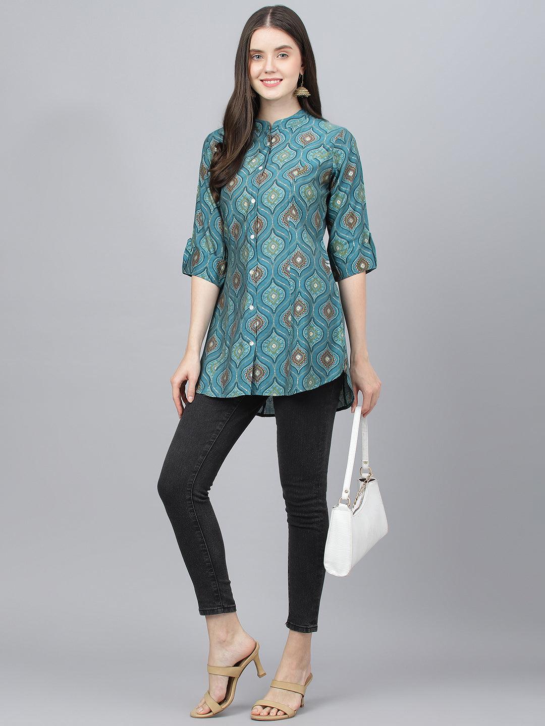  Teal Blue Motif Printed Modal A-Line Shirts Style Top -  world
