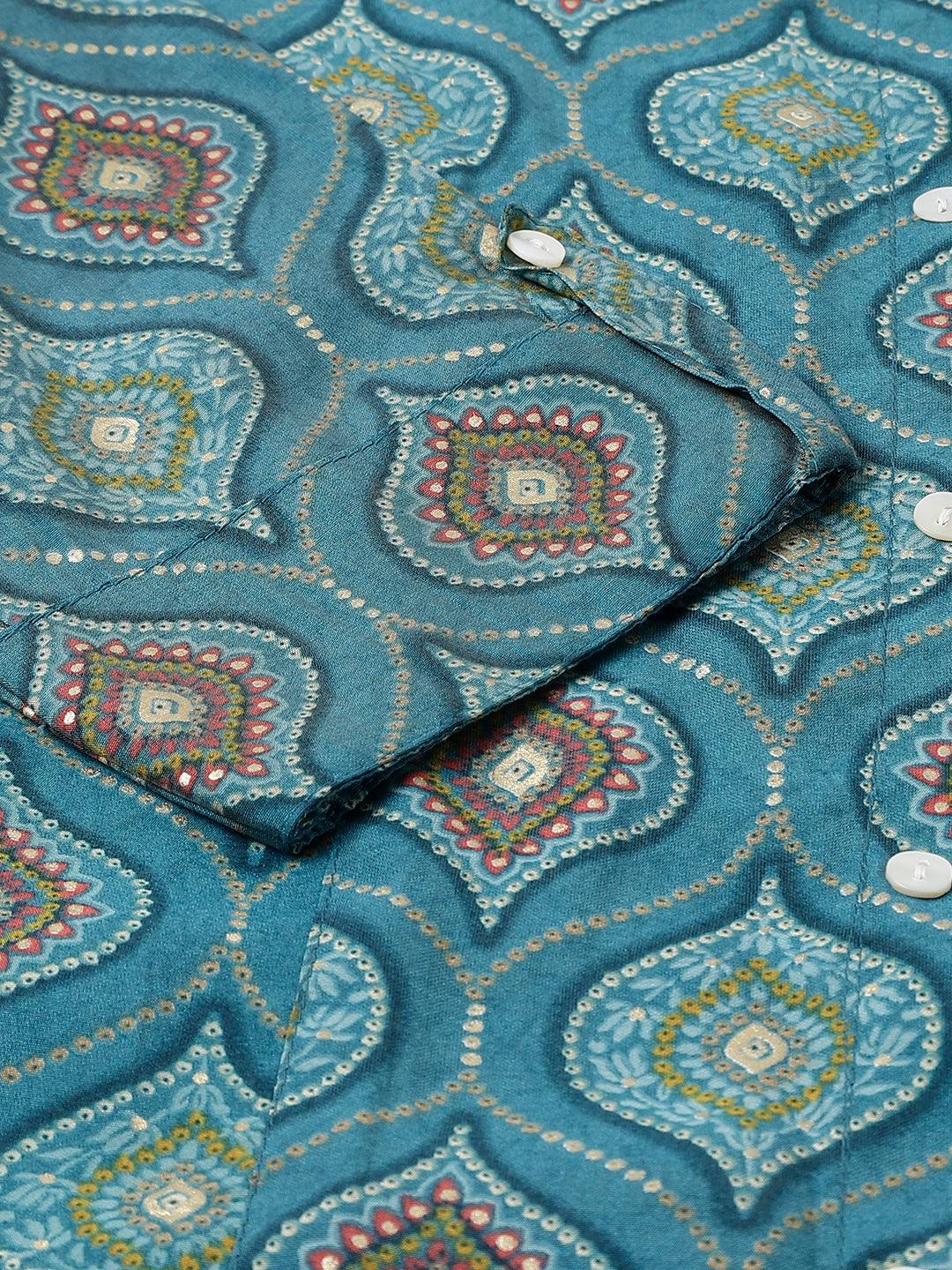  Teal Blue Motif Printed Modal A-Line Shirts Style Top -  world