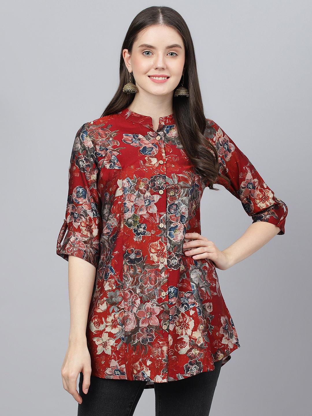  Maroon Floral Printed Modal A-Line Shirts Style Top -  world