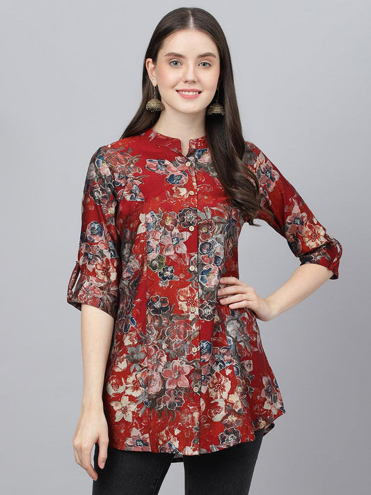  Maroon Floral Printed Modal A-Line Shirts Style Top -  world