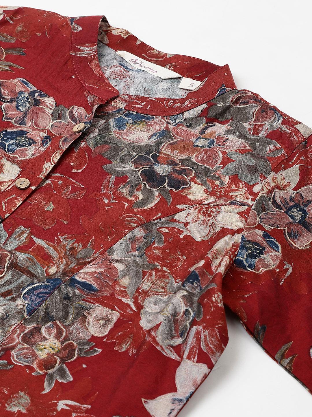  Maroon Floral Printed Modal A-Line Shirts Style Top -  world