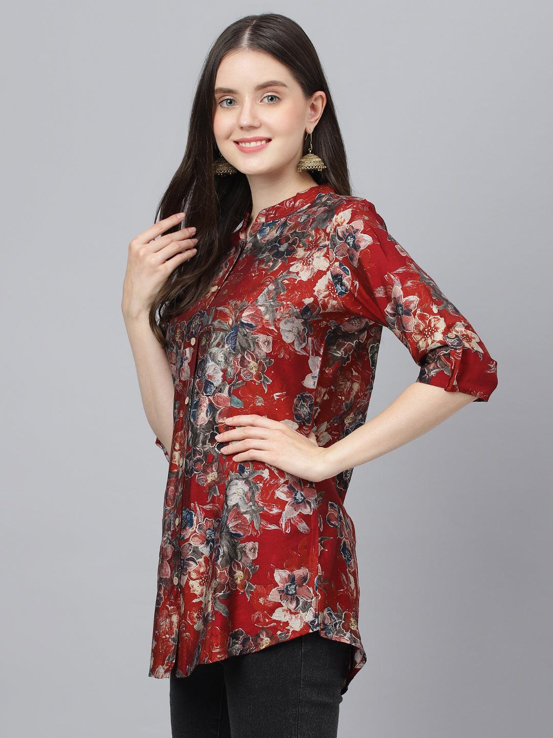  Maroon Floral Printed Modal A-Line Shirts Style Top -  world