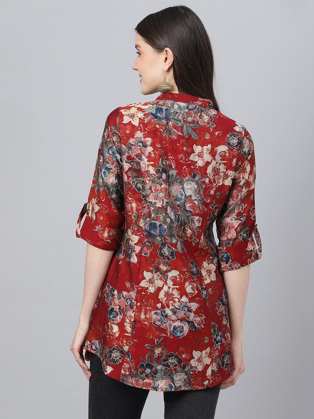  Maroon Floral Printed Modal A-Line Shirts Style Top -  world