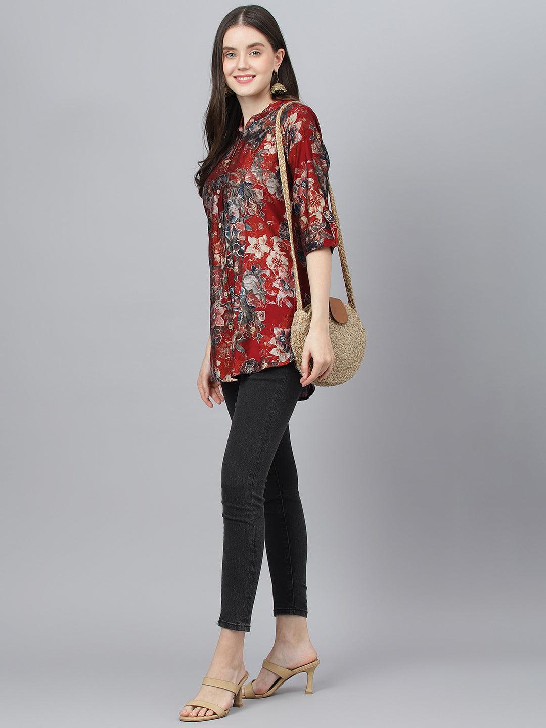  Maroon Floral Printed Modal A-Line Shirts Style Top -  world