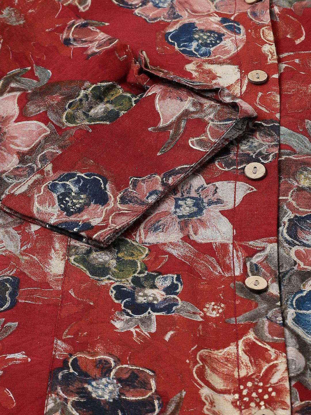  Maroon Floral Printed Modal A-Line Shirts Style Top -  world