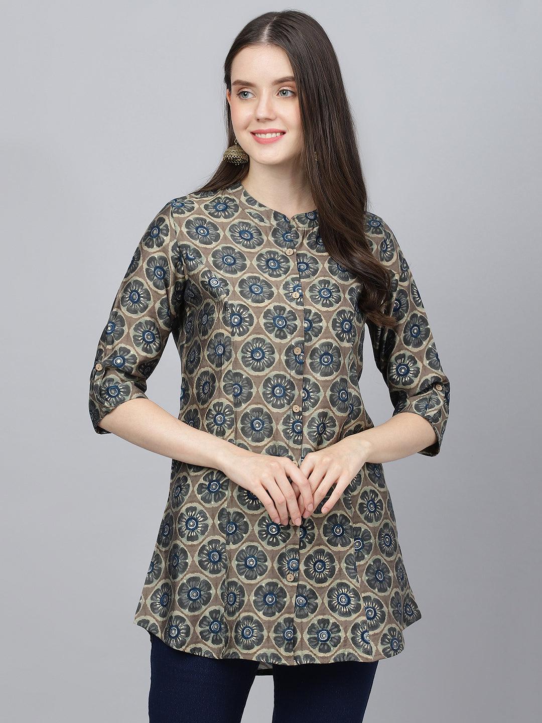  Brown Floral Printed Modal A-Line Shirts Style Top -  world