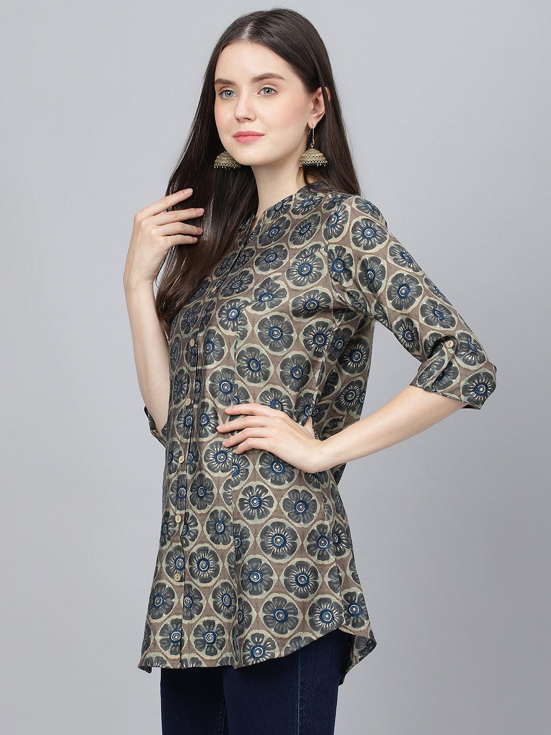  Brown Floral Printed Modal A-Line Shirts Style Top -  world