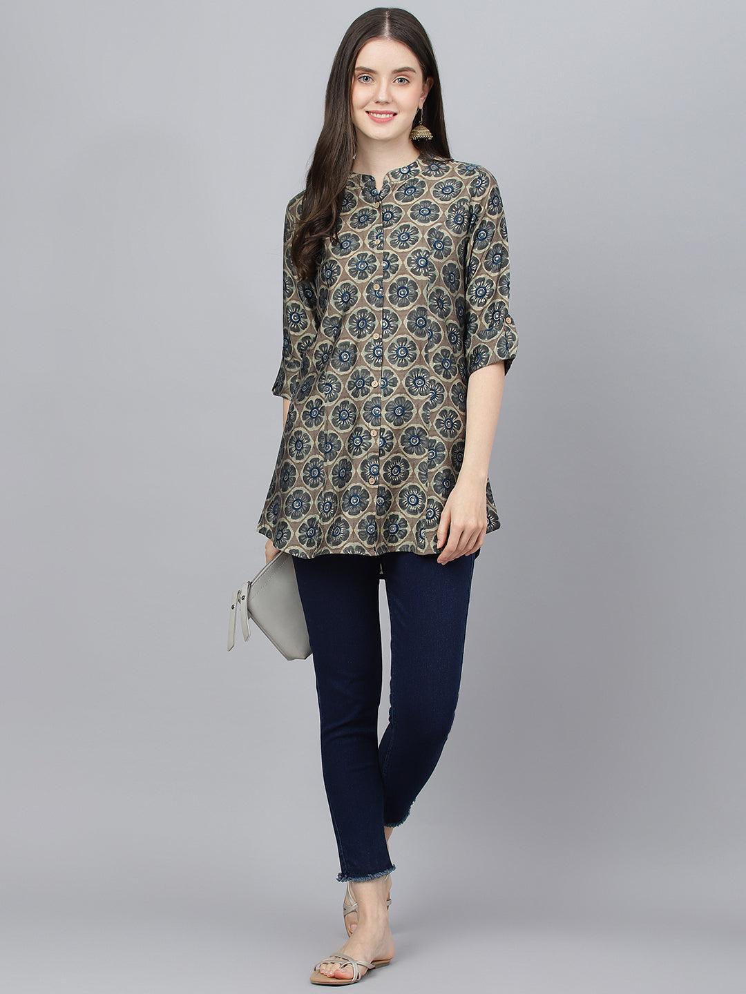  Brown Floral Printed Modal A-Line Shirts Style Top -  world