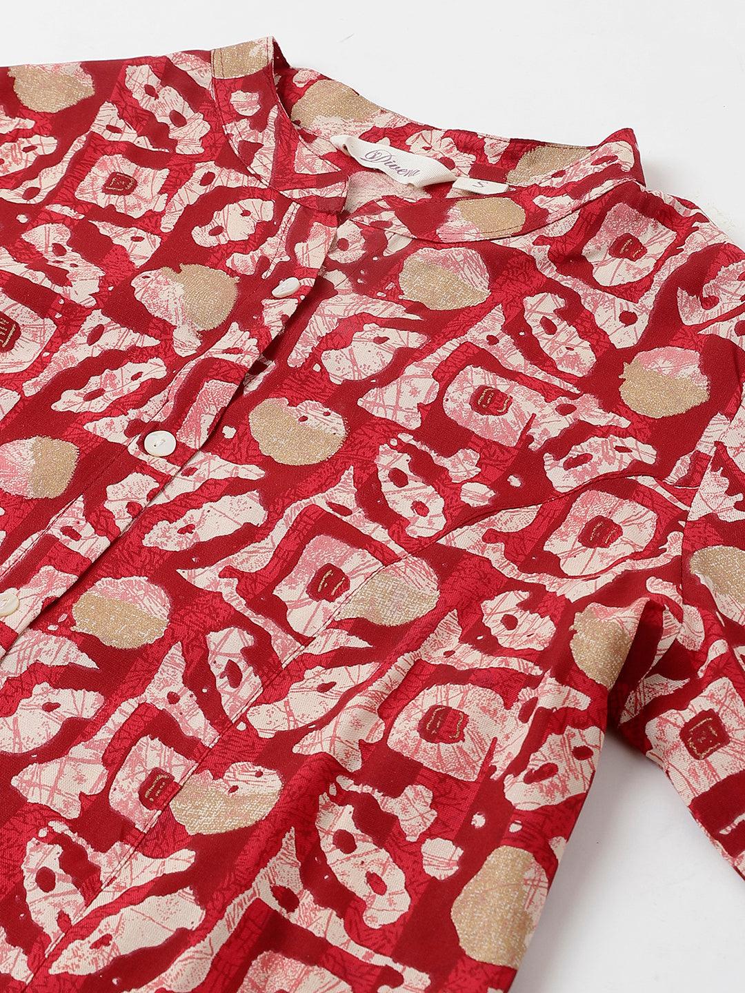  Red Abstract printed Rayon A-line Shirts Style Top -  world