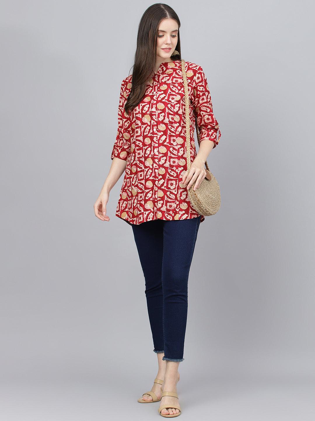  Red Abstract printed Rayon A-line Shirts Style Top -  world