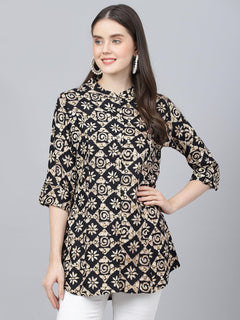 Black Floral printed Rayon A-line Shirts Style Top
